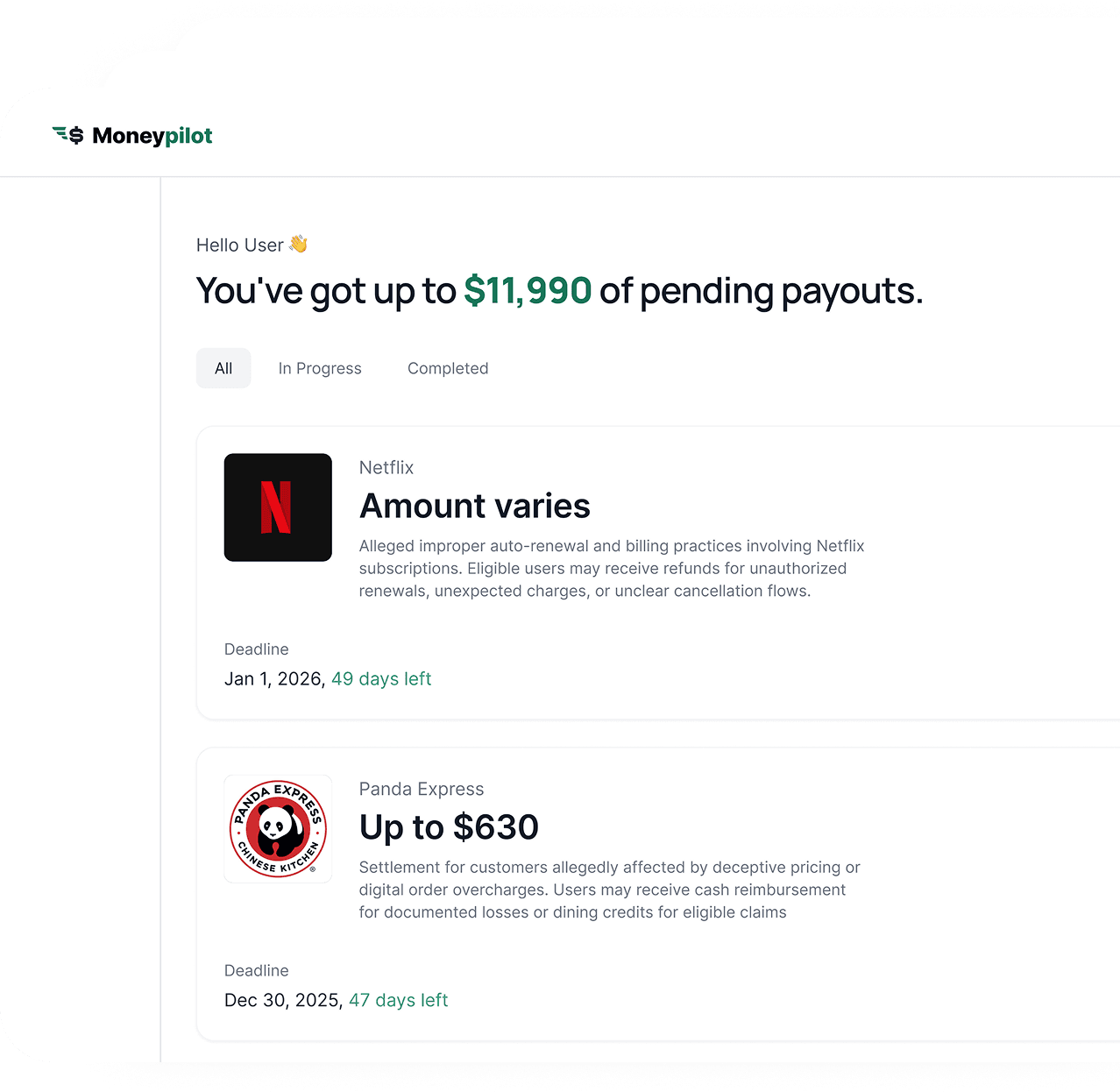 Claims dashboard preview showing pending payouts